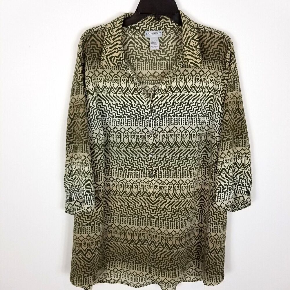 Catherines Women Plus Blouse Button Up Shirt‎ Size 1X Brown Printed Long Sleeve